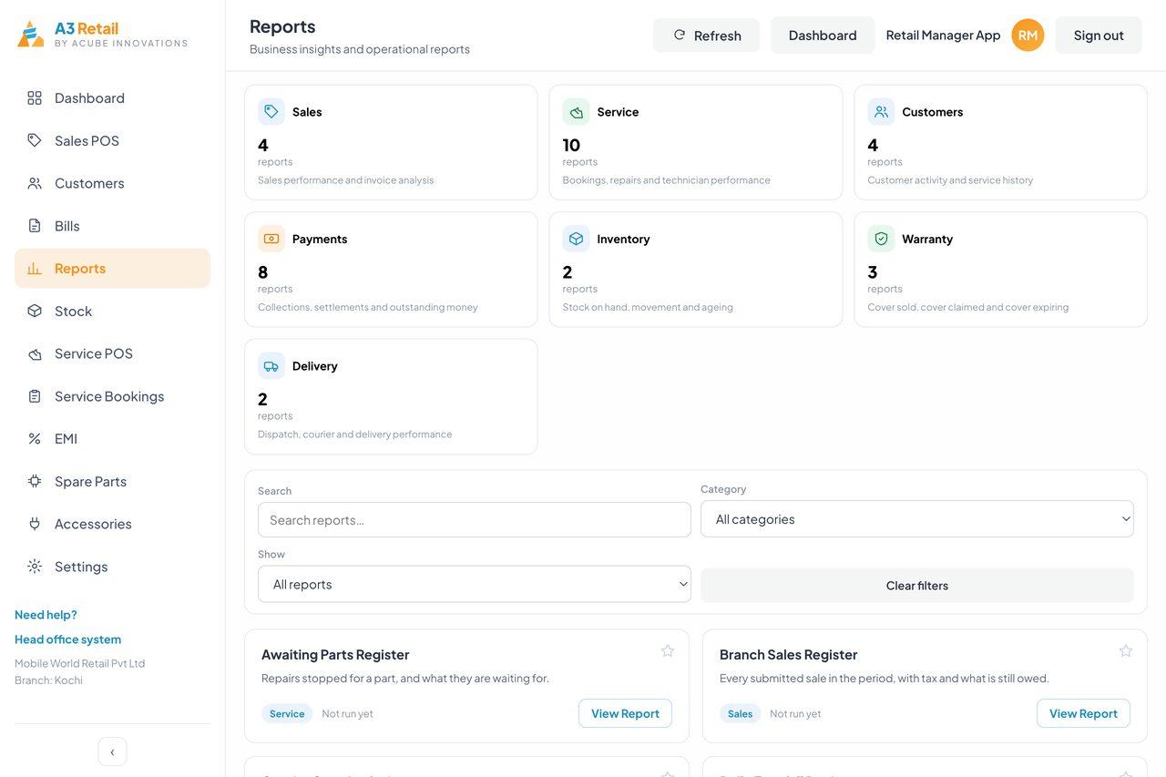 The report library grouped by sales, service, customers, payments, inventory, warranty and delivery