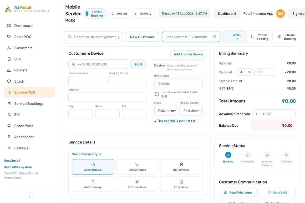 The Service POS: customer and device capture with an IMEI scan, service type, billing summary and the booking-to-delivery status trail