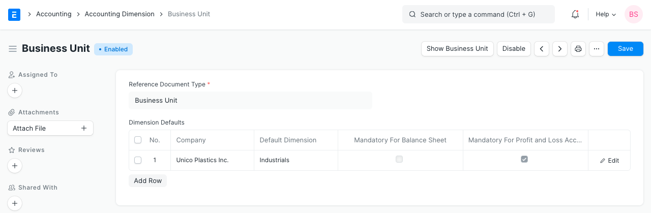 ERPNext Accounting Dimension setup form for a 'Business Unit' dimension with per-company defaults and mandatory flags