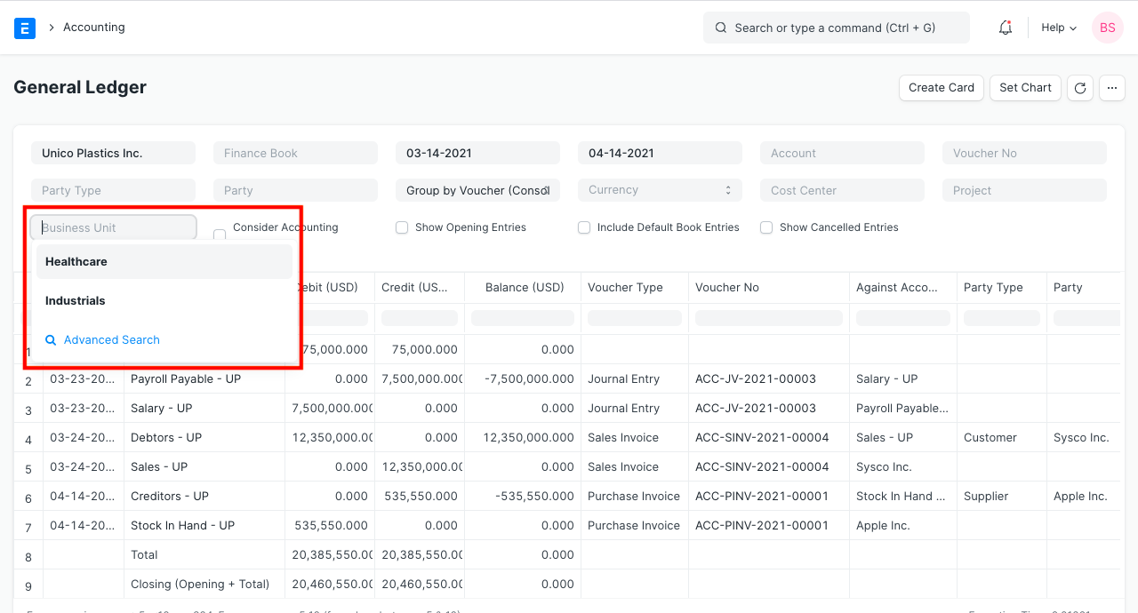 ERPNext General Ledger report with filters for Cost Center, Project and a custom Business Unit dimension