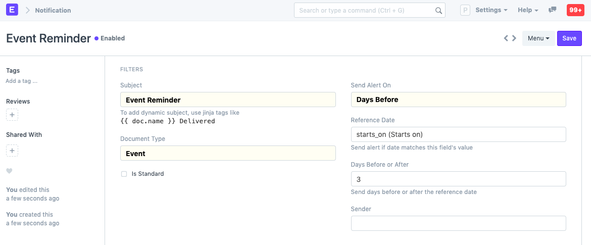 ERPNext Notification setup screen configuring an Event Reminder to send a set number of days before a reference date on the document