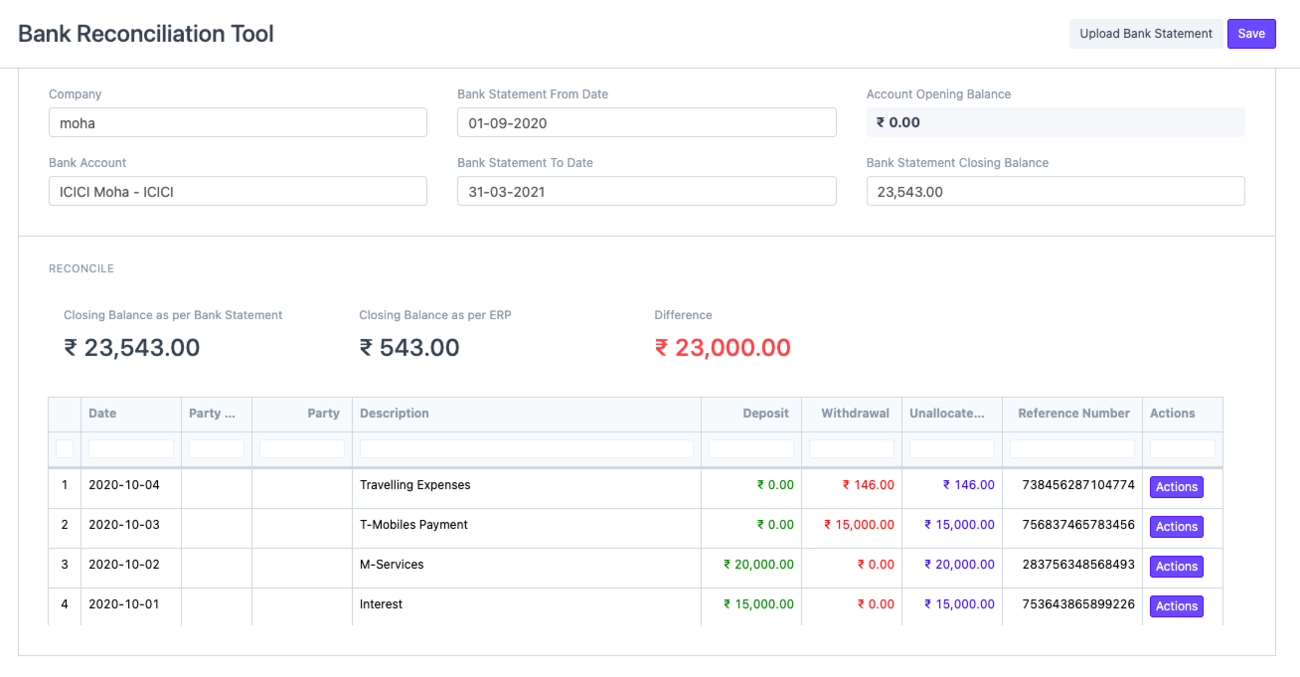 ERPNext Bank Reconciliation Tool showing imported bank transactions and the difference between bank and book closing balances
