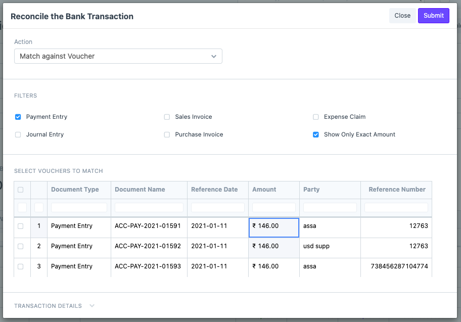 ERPNext 'Match against Voucher' dialog listing candidate Payment Entries ranked for a single bank transaction