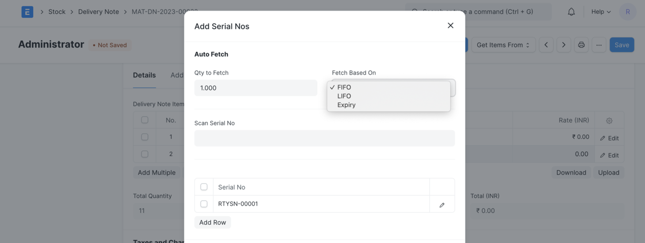 ERPNext serial/batch selector on a Delivery Note with the Fetch Based On option set to Expiry for FEFO picking