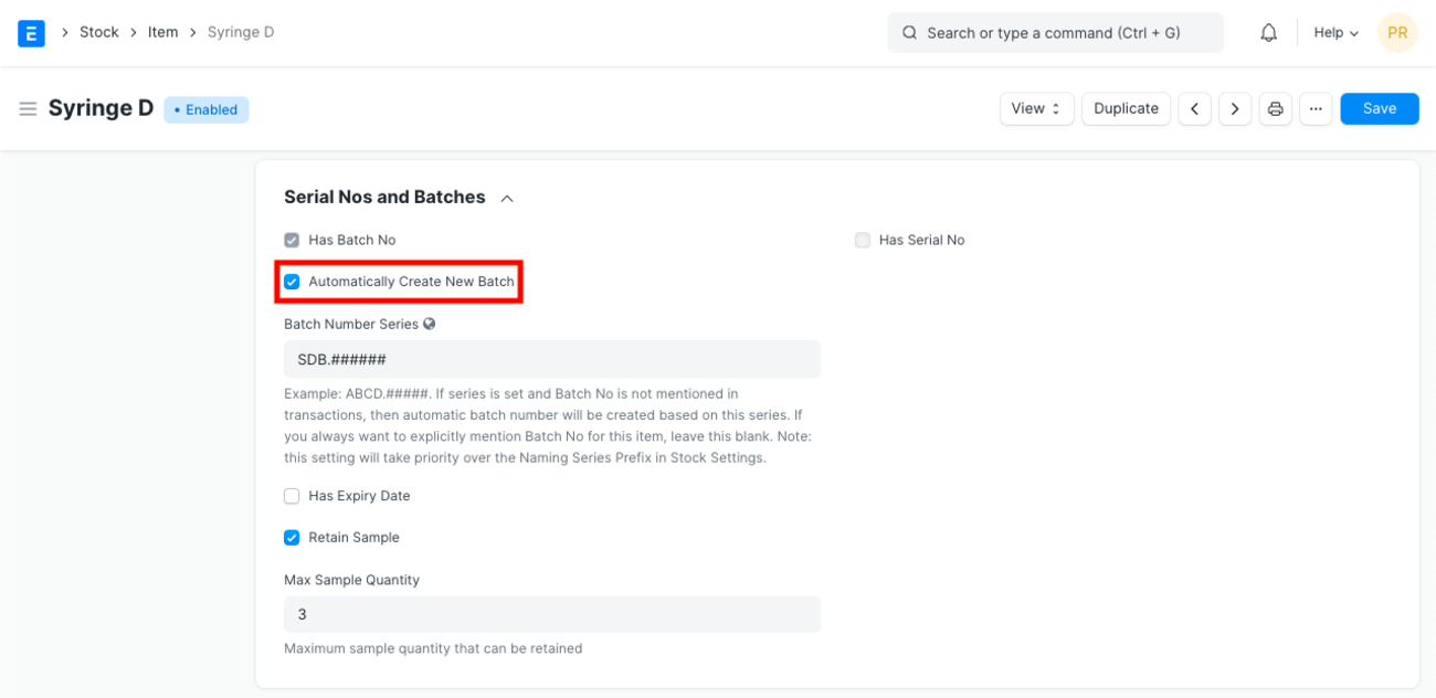 ERPNext Item master showing the Serial Nos and Batches section with batch number series and expiry-date options