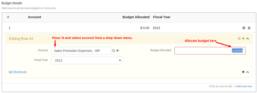 ERPNext budget accounts table showing an expense account, budget allocated amount and fiscal year