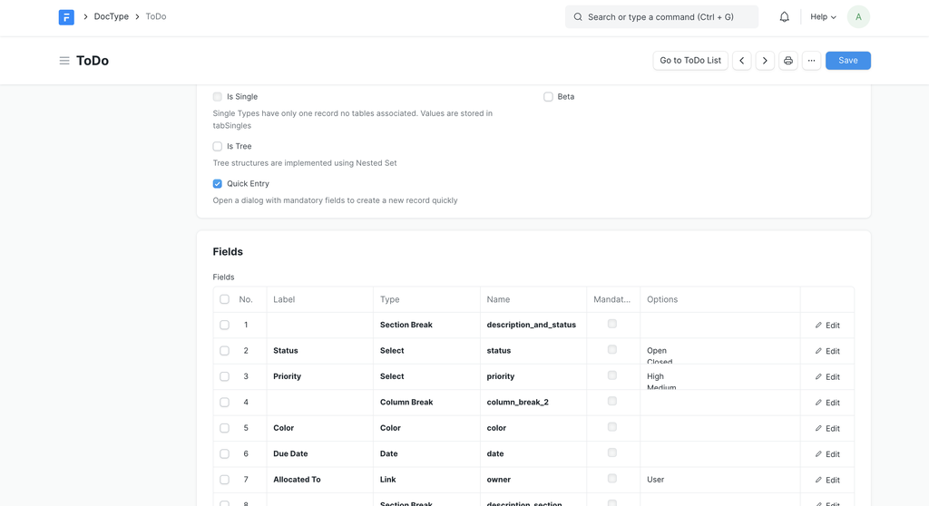 The Frappe DocType editor showing fields defined by label, type, name and options