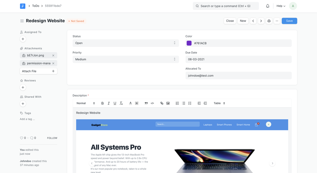 A form view in Frappe generated automatically from a DocType definition