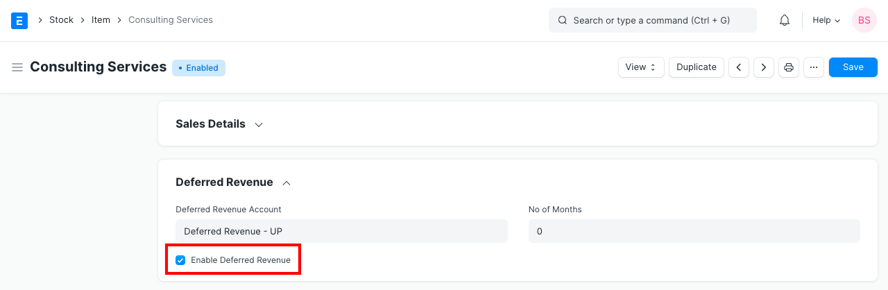 ERPNext Item master with the Deferred Revenue section expanded, showing Enable Deferred Revenue ticked, a Deferred Revenue Account and a No of Months field