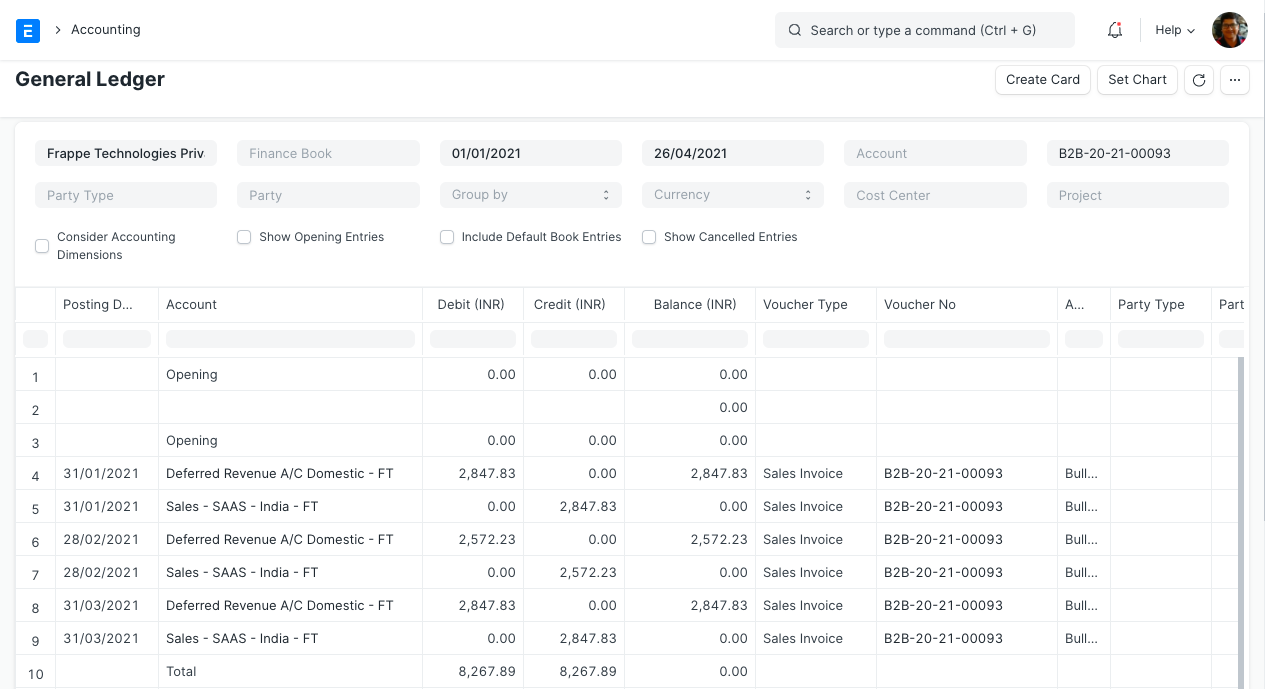 ERPNext General Ledger showing monthly deferred revenue recognition entries — the Deferred Revenue account debited and the income account credited on successive month-ends