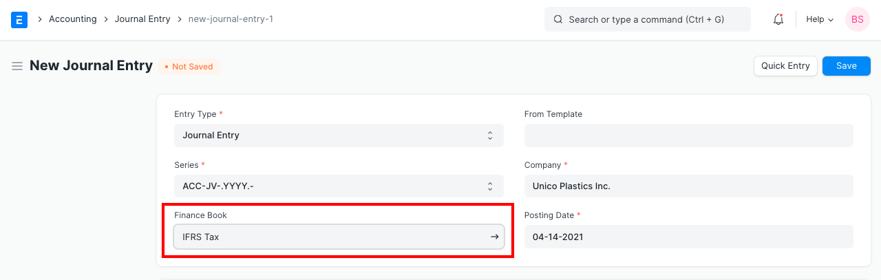 ERPNext Journal Entry with the Finance Book field highlighted and set to a named finance book
