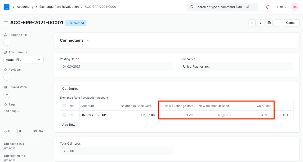 ERPNext Exchange Rate Revaluation document showing a foreign-currency debtors account with new exchange rate, new base-currency balance and gain/loss