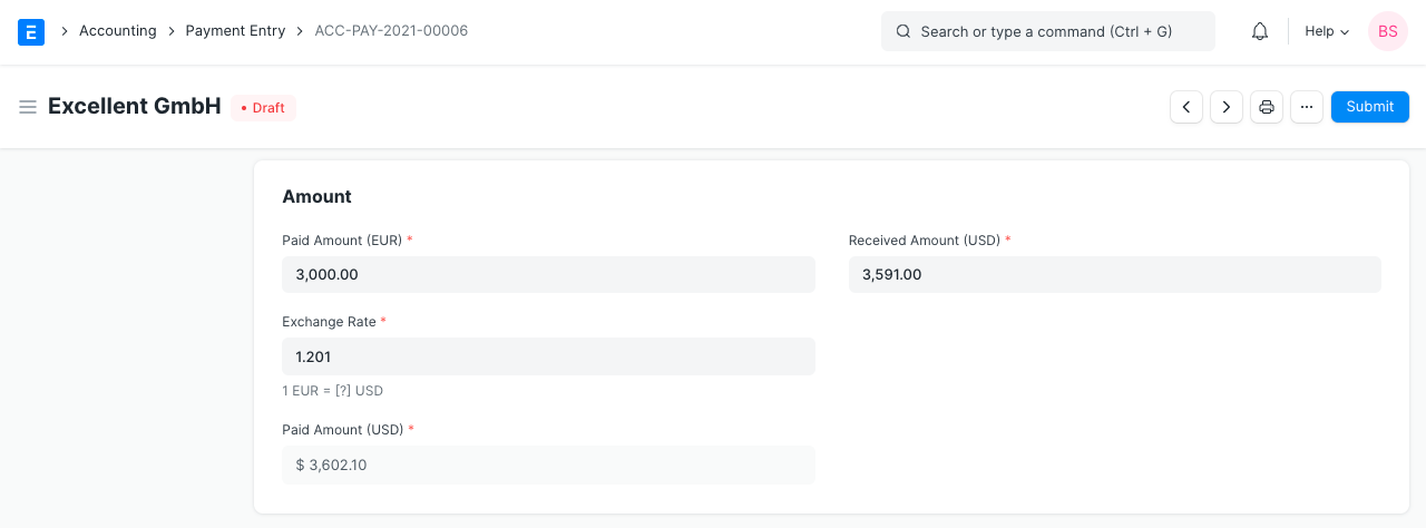 ERPNext Payment Entry showing paid amount in EUR, received amount in USD and the exchange rate applied
