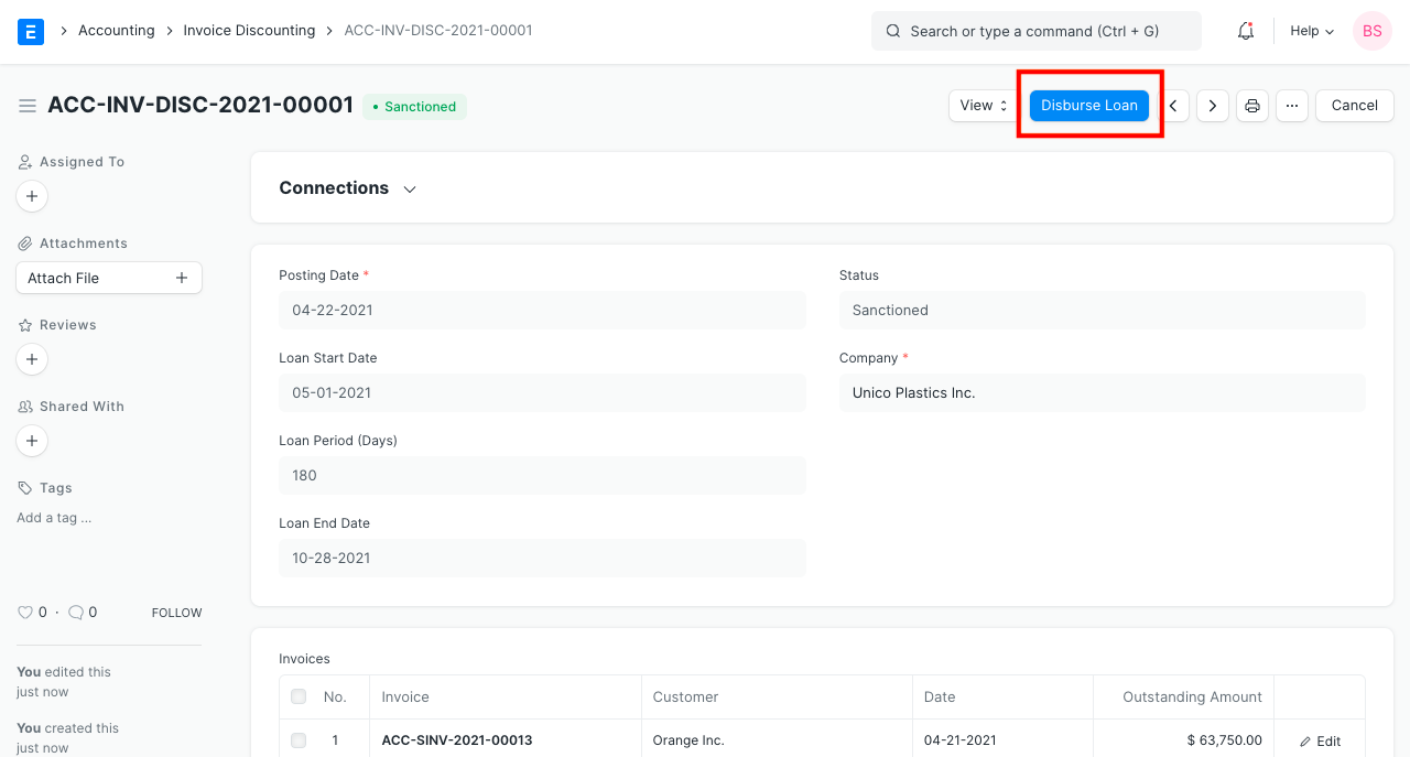 ERPNext Invoice Discounting document showing posting date, loan period, loan end date and the discounted invoices, with a Disburse Loan button