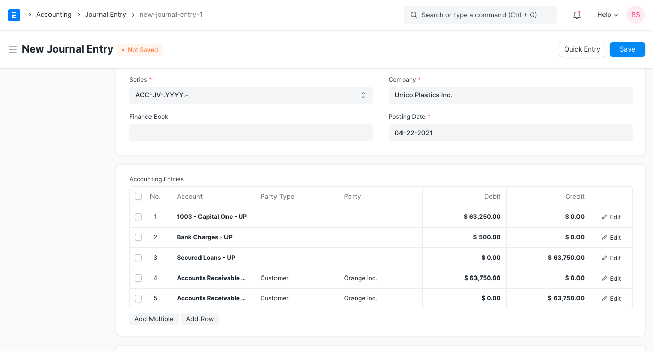 ERPNext disbursement Journal Entry with the bank account and bank charges debited, the secured loan credited, and the customer's receivable moved between accounts