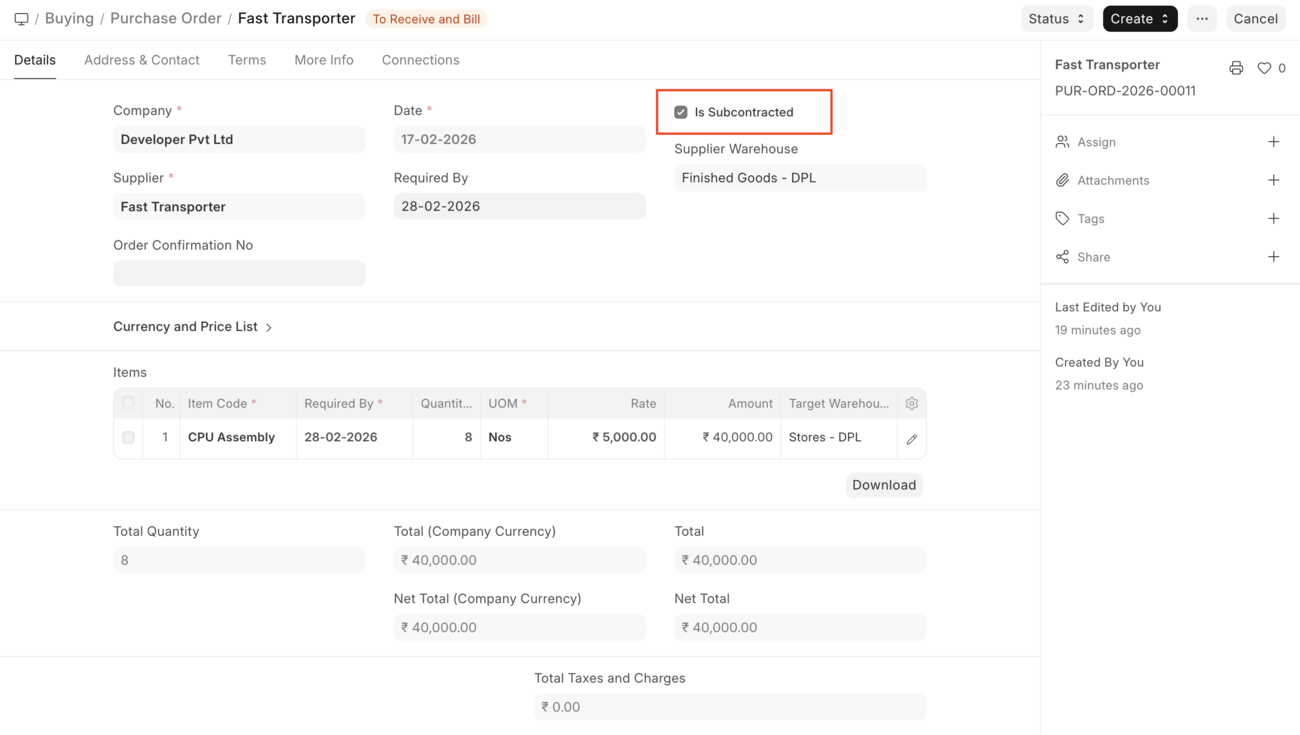 ERPNext Purchase Order with the 'Is Subcontracted' option enabled
