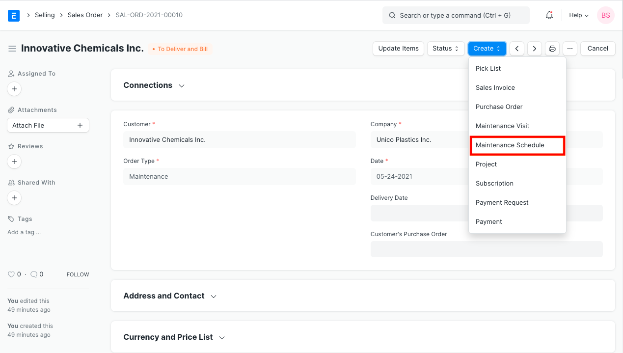 ERPNext Sales Order of type Maintenance with the option to create a Maintenance Schedule