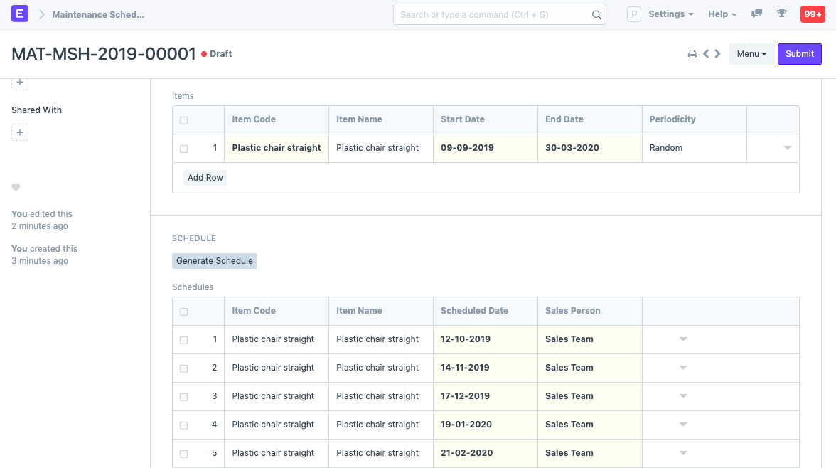 ERPNext Maintenance Schedule showing an item with a periodicity and the generated dated visit rows