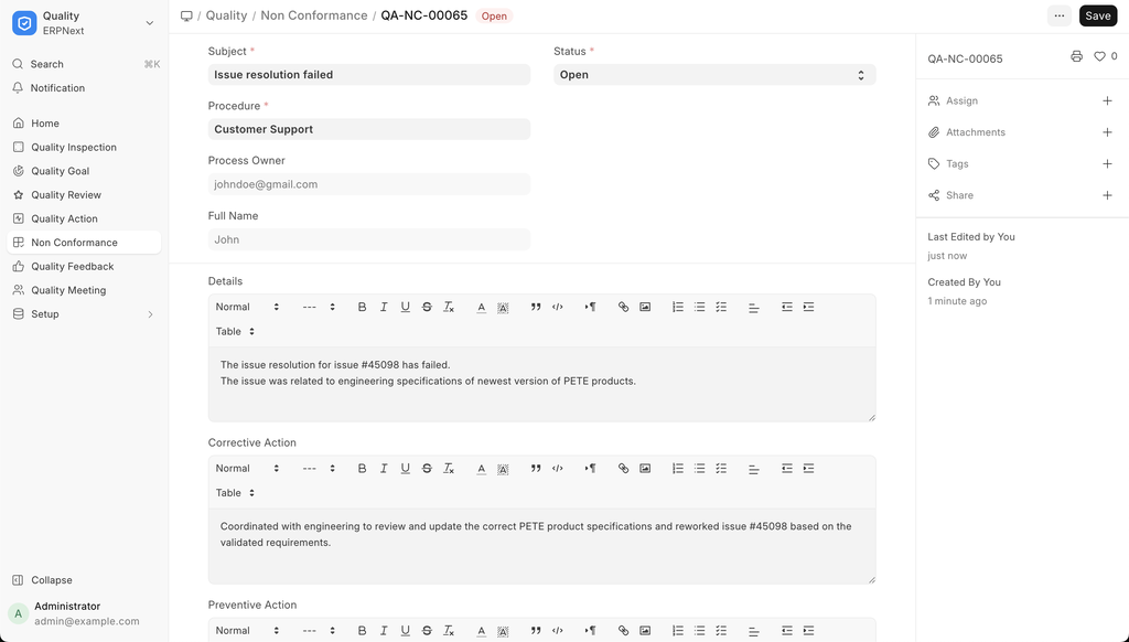 ERPNext Non Conformance record with details, corrective action and preventive action fields
