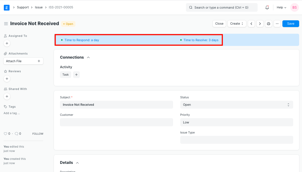 An ERPNext Issue showing the Time to Respond and Time to Resolve SLA indicators at the top of the ticket