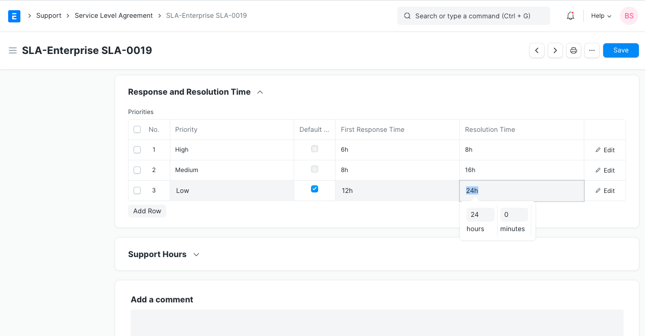 ERPNext Service Level Agreement showing the Priorities table with First Response Time and Resolution Time per priority