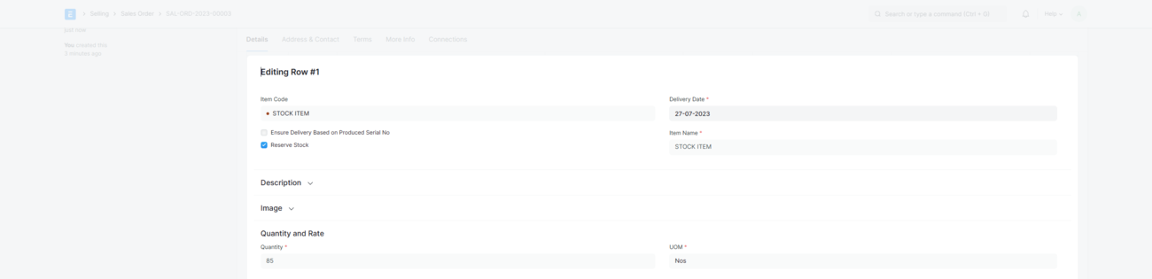 ERPNext Sales Order line item with the Reserve Stock checkbox ticked