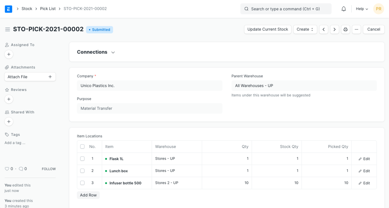 ERPNext Pick List showing the Item Locations table with item, source warehouse, quantity required and picked quantity