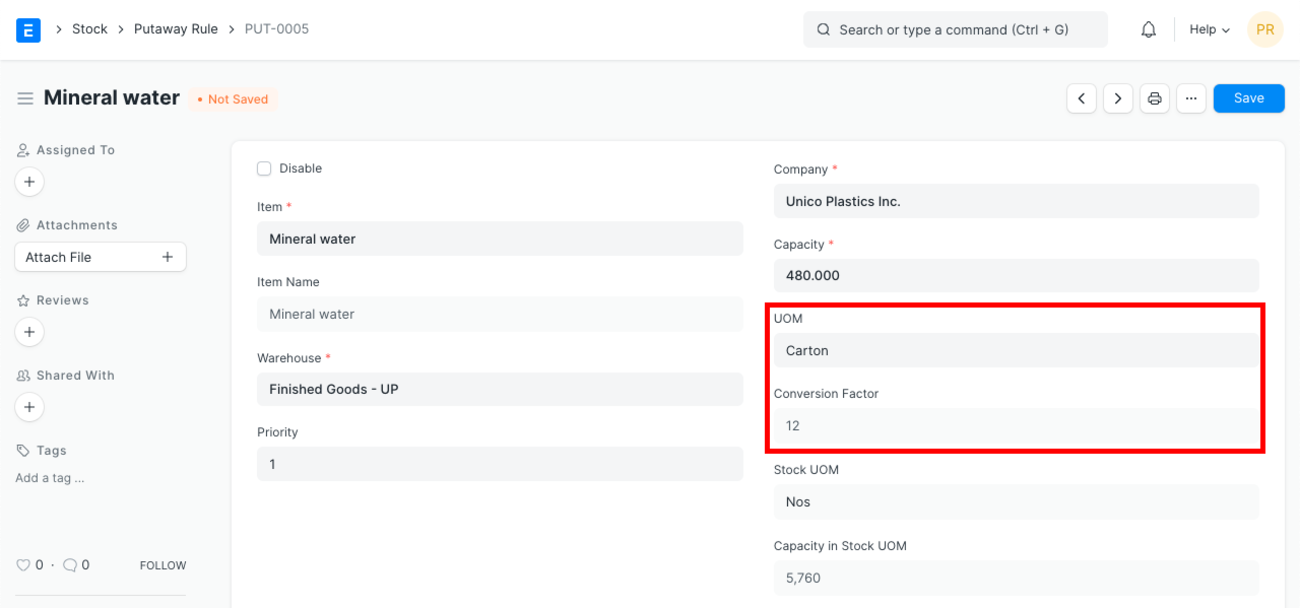 ERPNext Putaway Rule form showing item, warehouse, capacity, priority, UOM and conversion factor