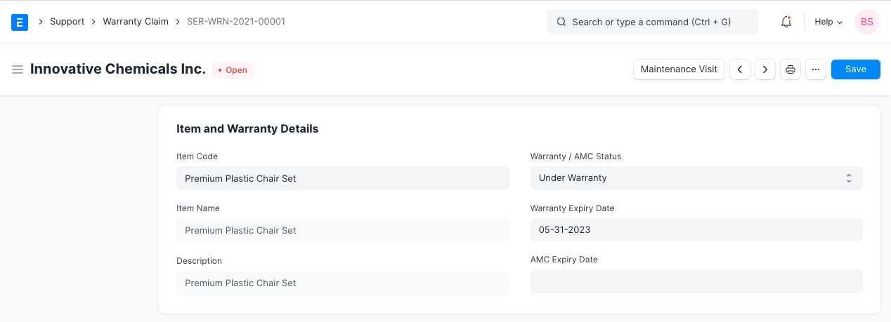 ERPNext Warranty Claim item and warranty details panel showing Warranty / AMC Status 'Under Warranty' and the warranty expiry date