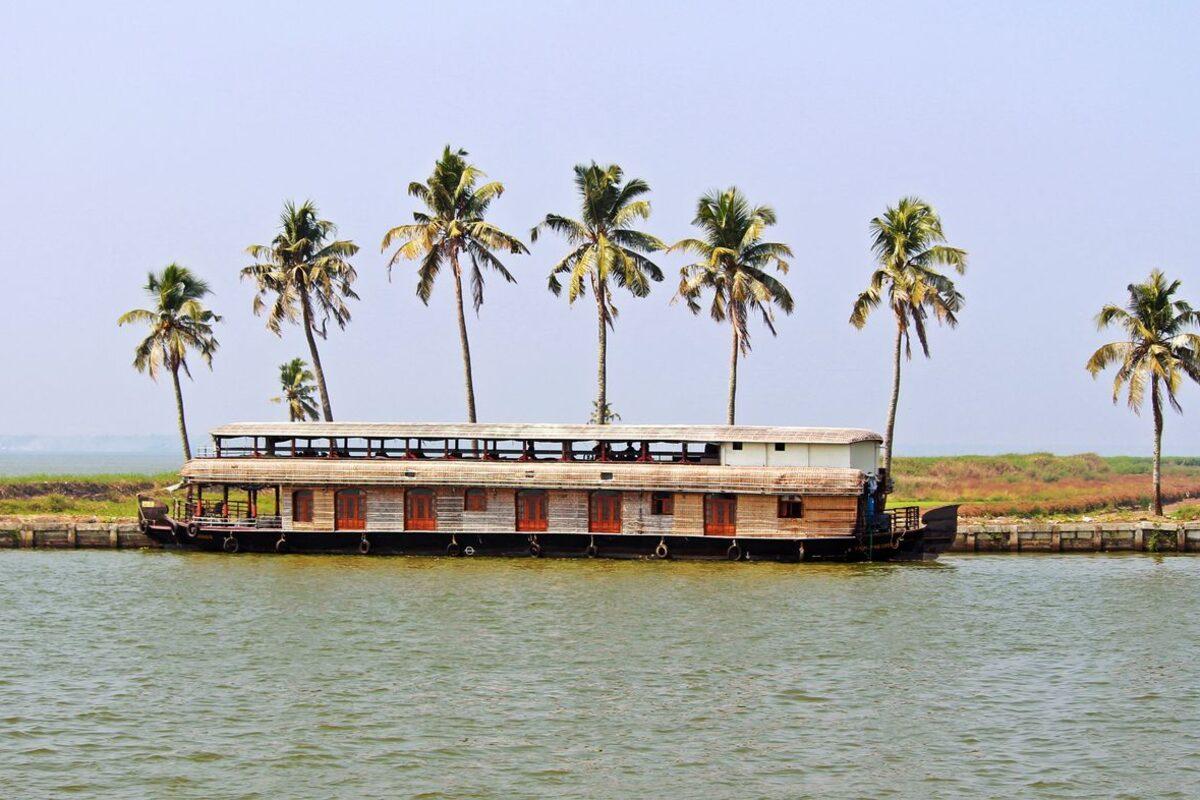 Traditional thatched Kerala houseboat moored on the backwaters with a row of palm trees