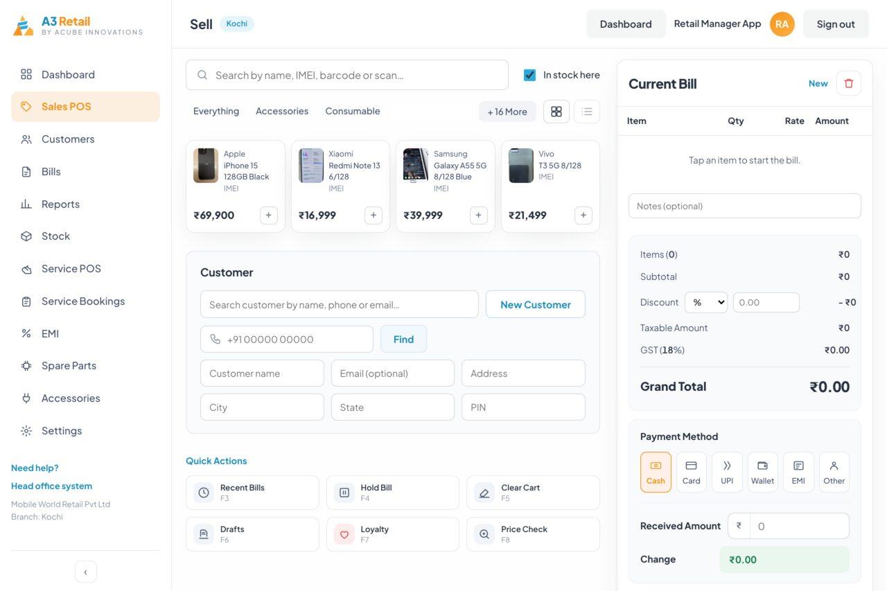 The Sell screen: searching by name or IMEI, phones with live prices, and the running bill with GST and payment methods