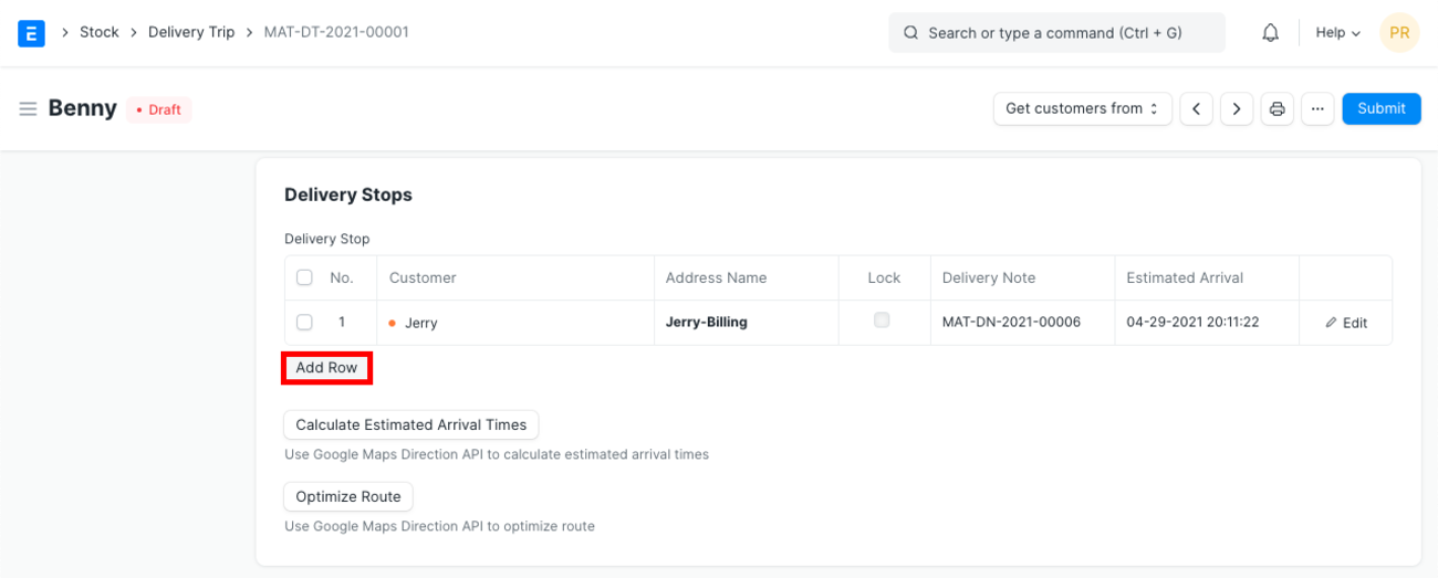 ERPNext Delivery Stops table with linked Delivery Notes, estimated arrival, and the Optimize Route and Calculate Estimated Arrival Times buttons