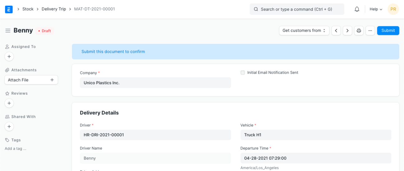 ERPNext Delivery Trip document showing the Driver, Vehicle and Departure Time fields