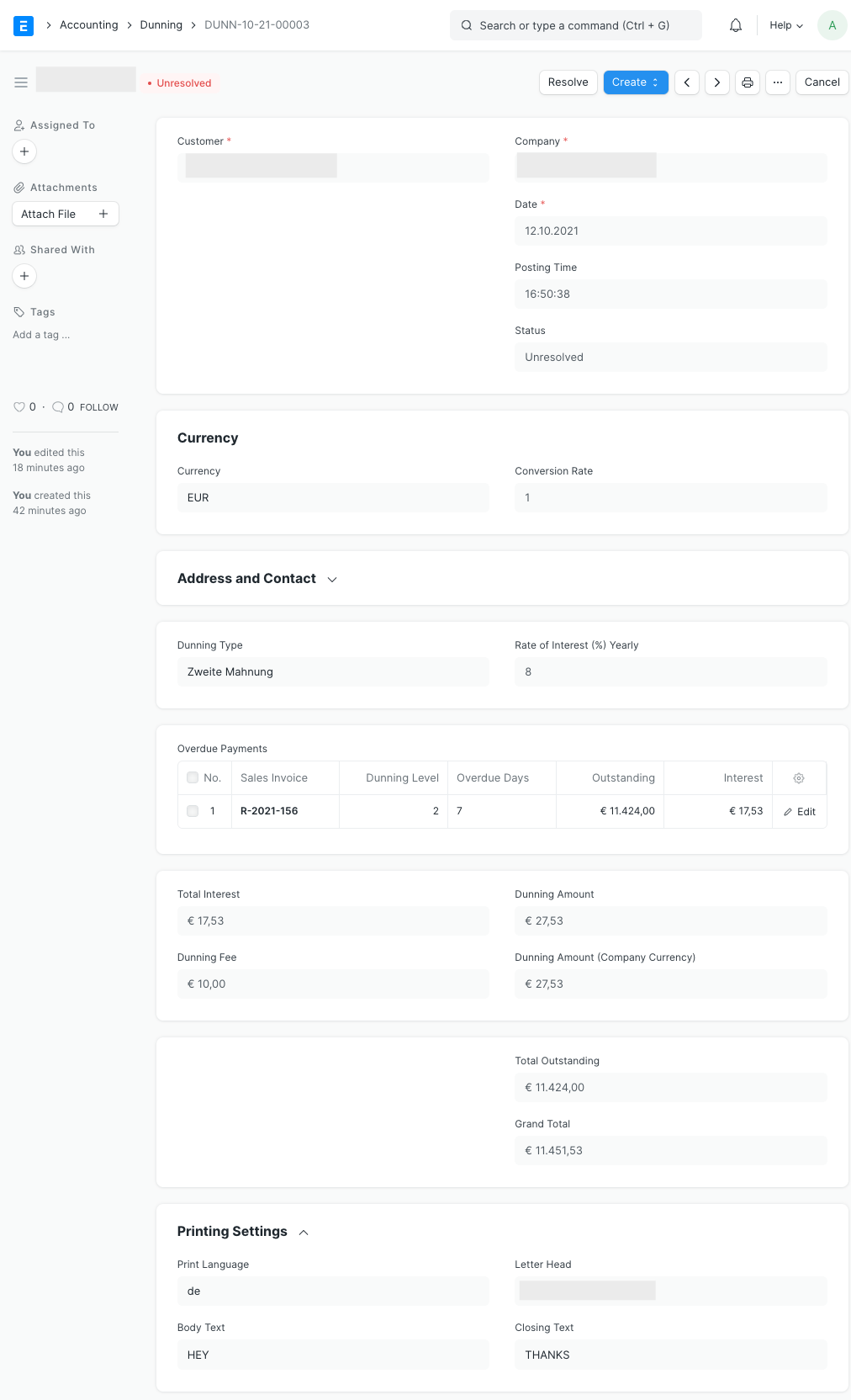 An ERPNext Dunning document showing the customer, dunning type, overdue payments table with dunning level, overdue days and interest, and the calculated totals