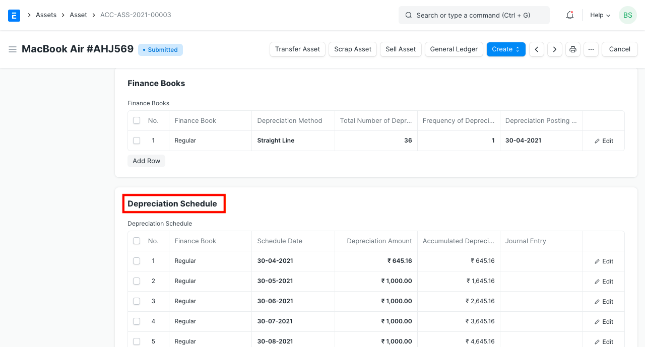 ERPNext fixed asset showing the Finance Books table with a depreciation method and life, and the Depreciation Schedule generated below it