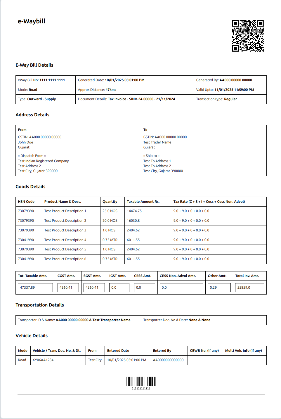 An e-Way Bill generated from an ERPNext Sales Invoice by the India Compliance app, showing the e-Way Bill number, QR code, goods, transporter and vehicle details
