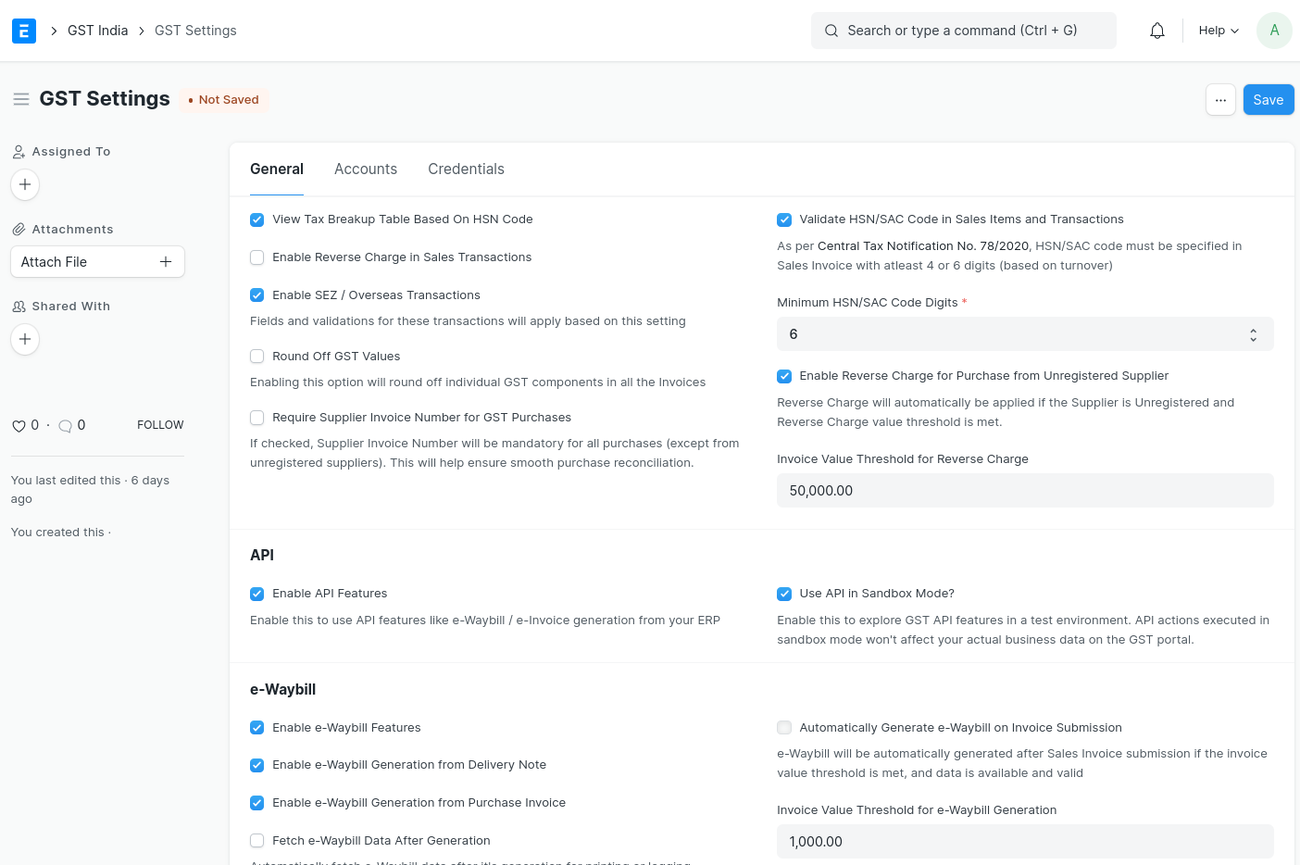 The GST Settings screen added to ERPNext by the India Compliance app, showing HSN validation, reverse charge, and e-Way Bill / e-Invoice API options