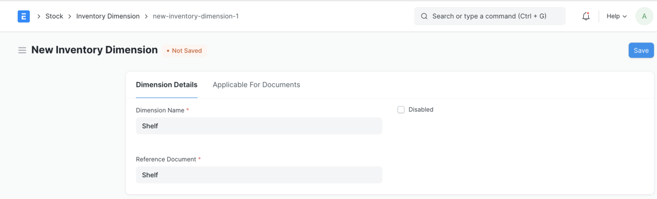Creating a new Inventory Dimension named 'Shelf' in ERPNext, with a reference document selected