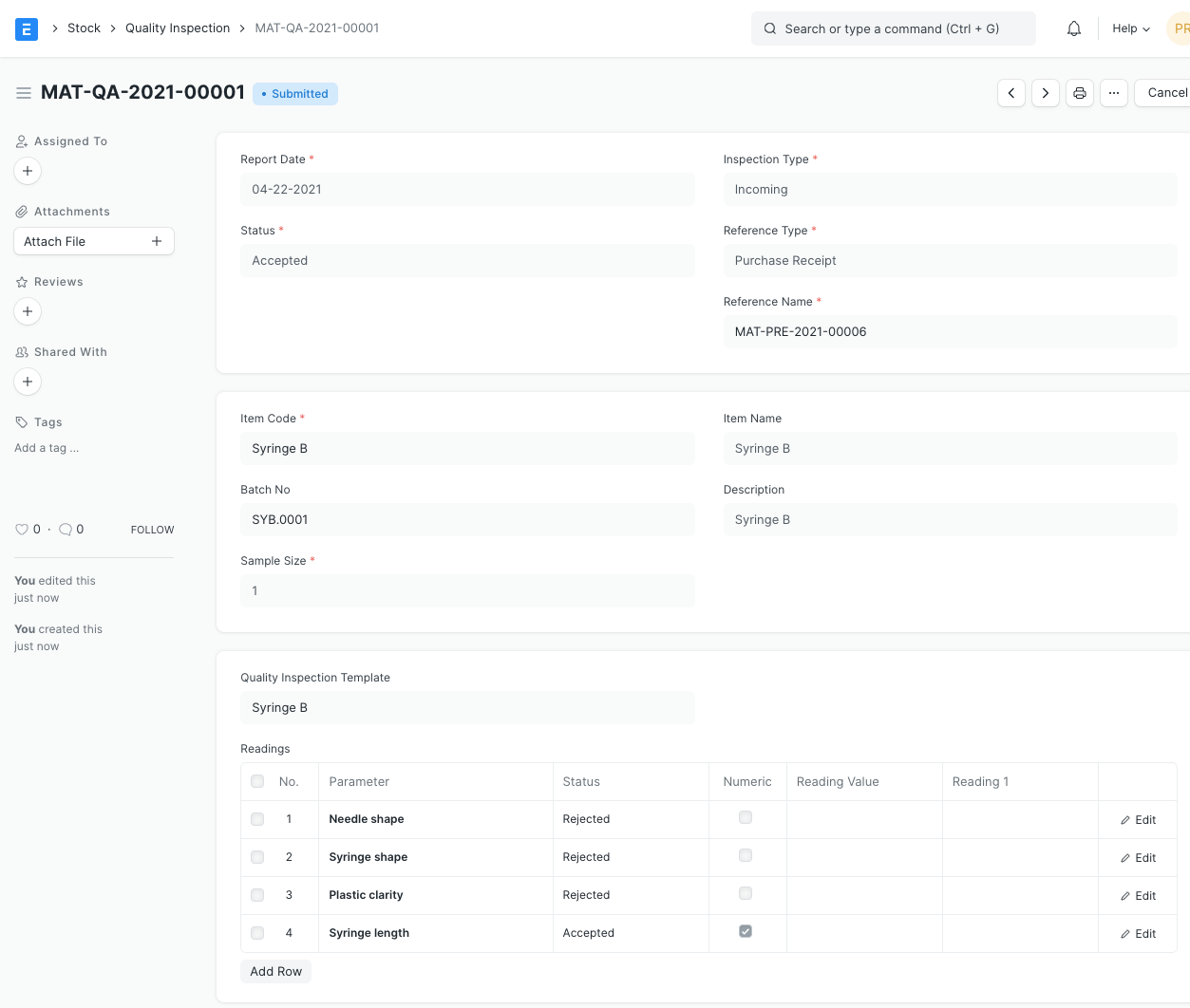 ERPNext Quality Inspection form with Inspection Type Incoming, a Purchase Receipt reference, batch, sample size and a readings table showing Accepted and Rejected parameters