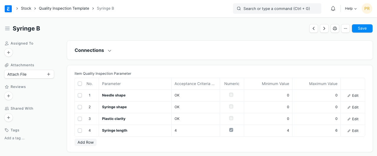 ERPNext Quality Inspection Template listing parameters with acceptance criteria, a numeric flag and minimum and maximum values