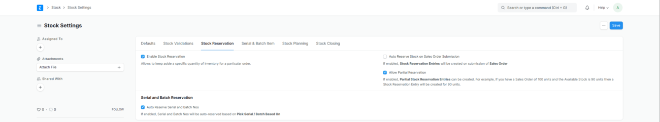 ERPNext Stock Settings showing the Stock Reservation tab with Enable Stock Reservation, auto-reserve and allow-partial-reservation options