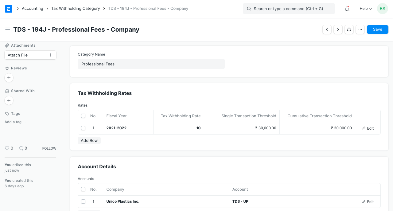 ERPNext Tax Withholding Category form showing a fiscal-year rate row with single and cumulative transaction thresholds and a per-company withholding account