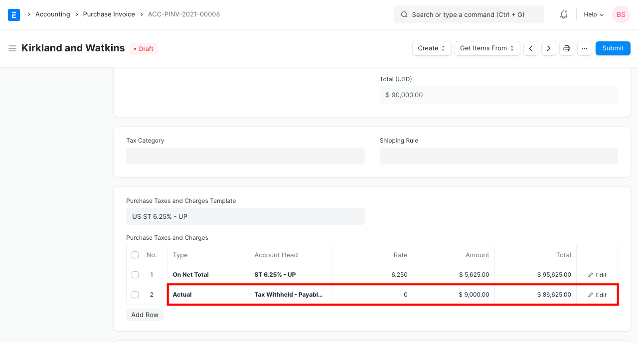 ERPNext Purchase Invoice with the withheld tax amount added automatically into the taxes and charges table, reducing the payable total