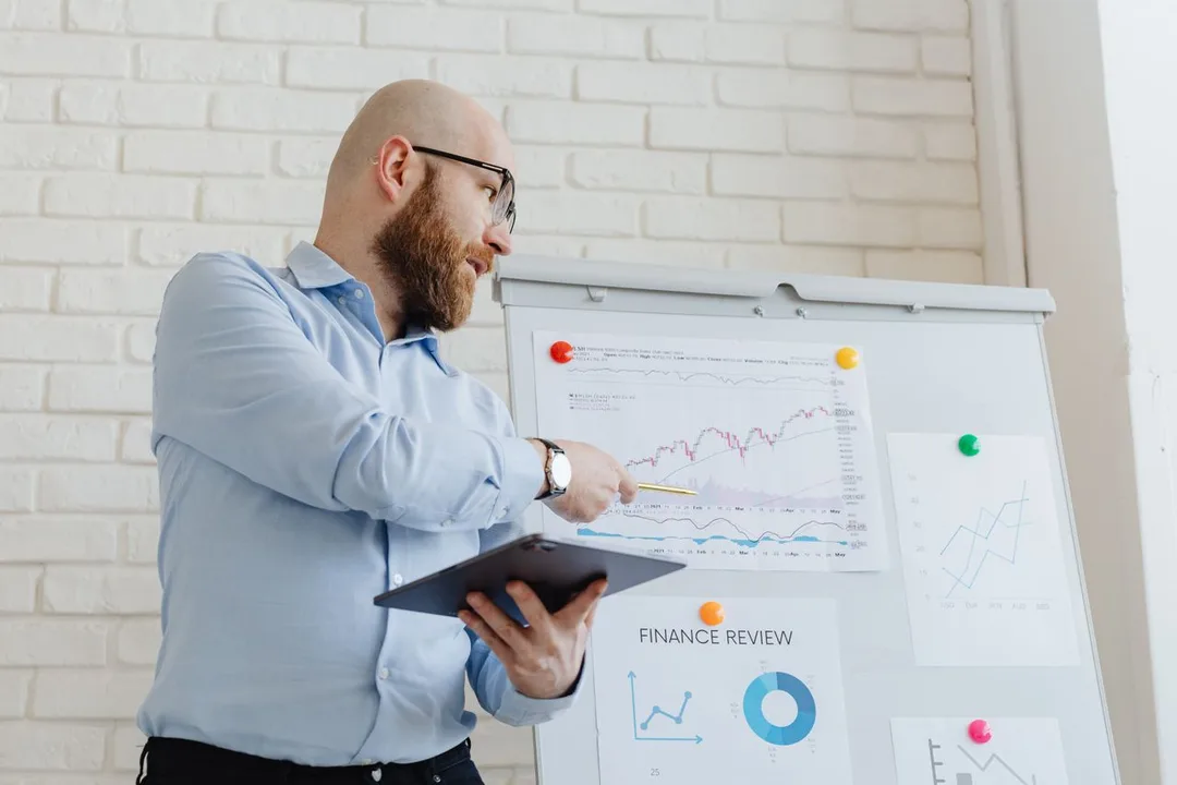 Consultant presenting a review chart on a whiteboard