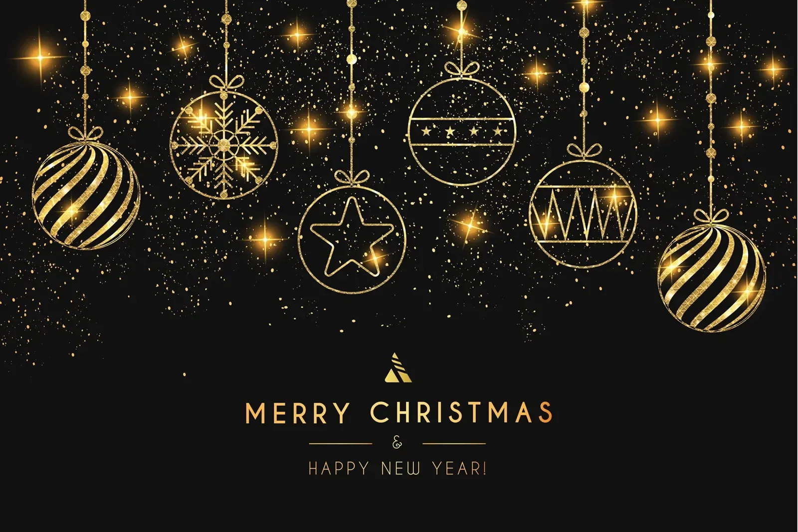A black and gold Merry Christmas card with baubles