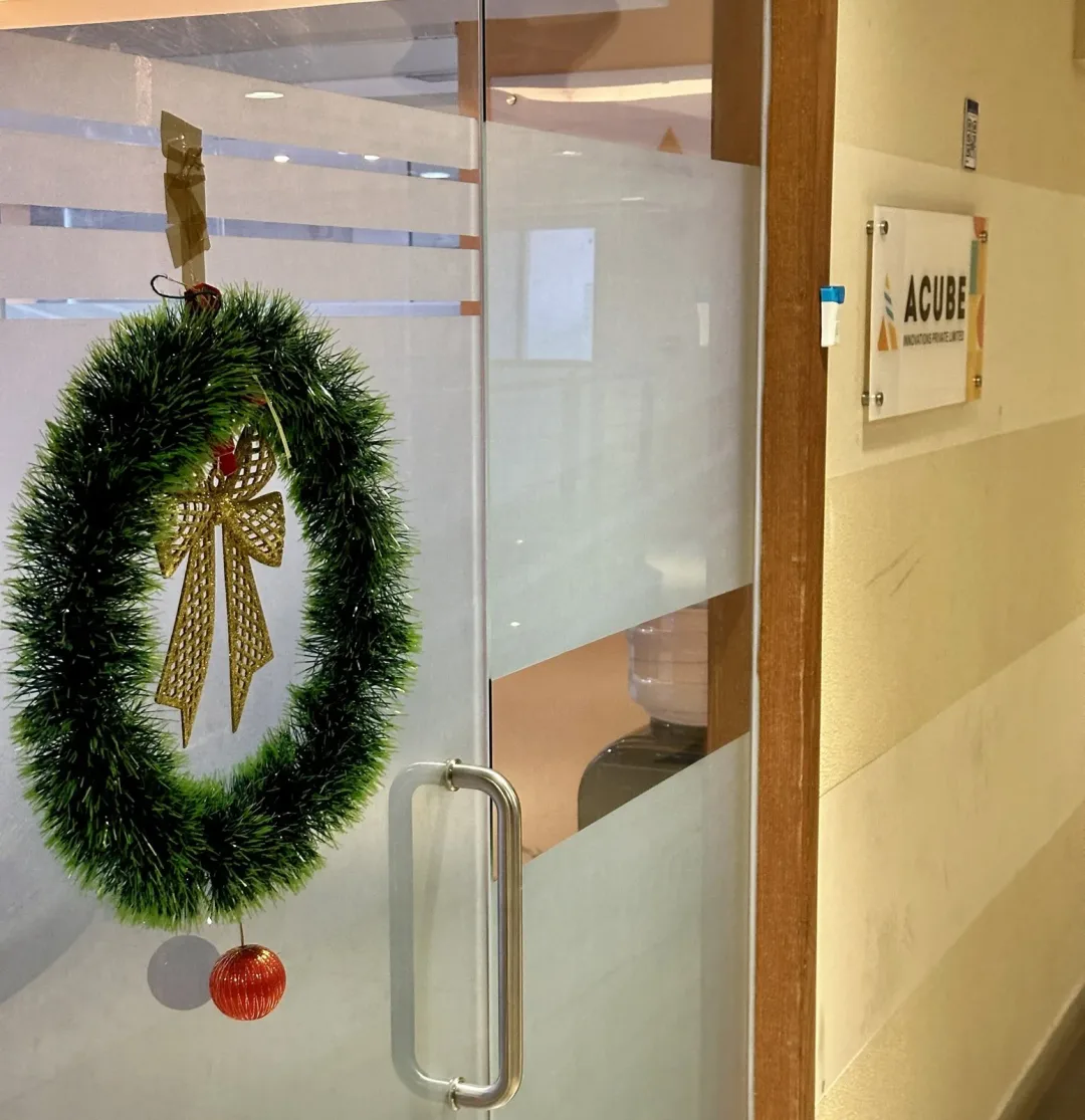A Christmas wreath on the office door