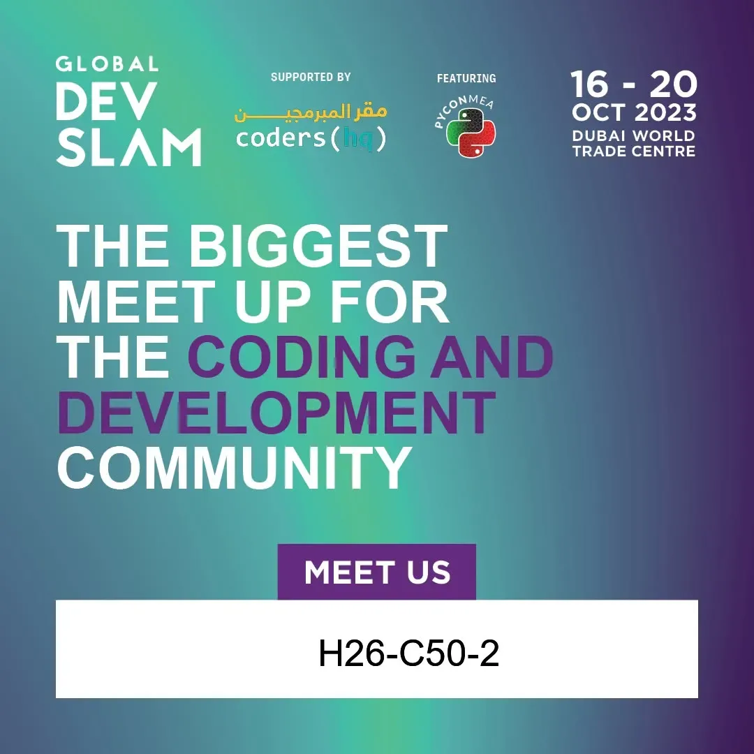 A Global DevSlam 2023 poster with Acube's stand number