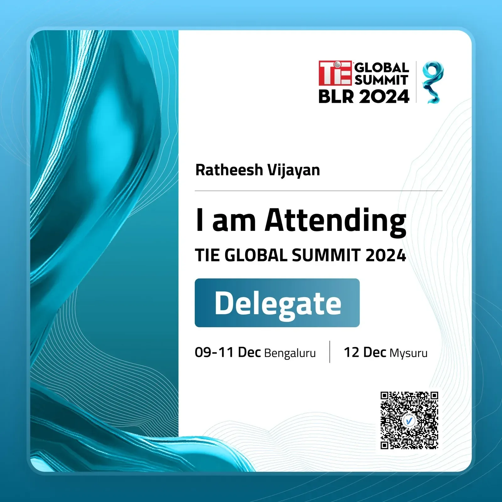 Ratheesh Vijayan's TiE Global Summit 2024 delegate card