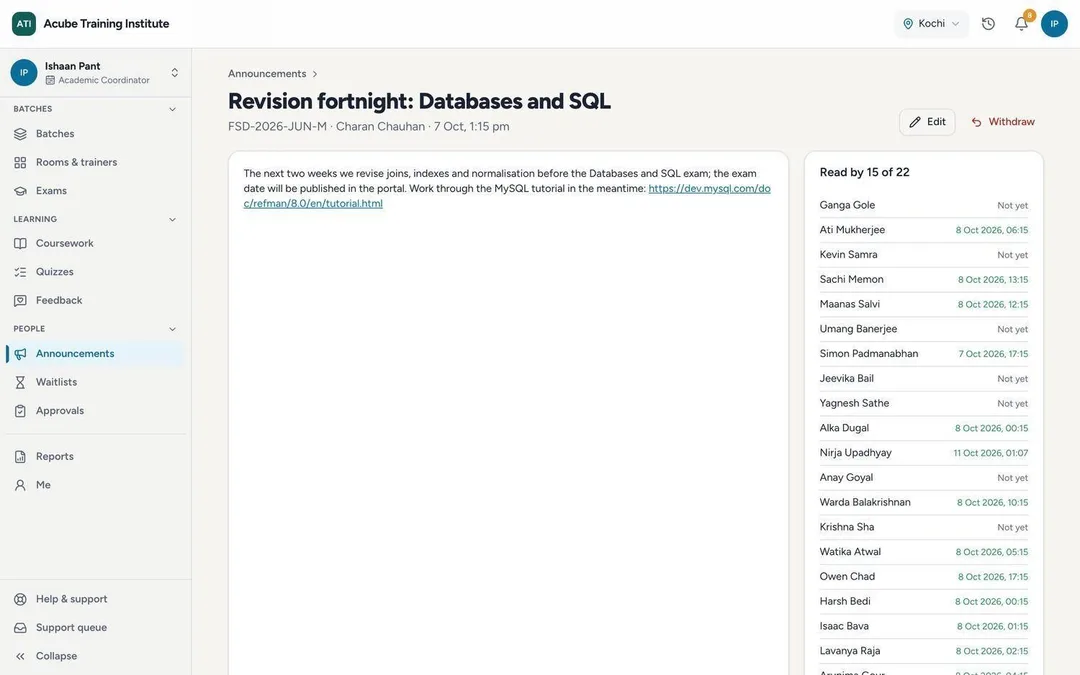 A batch announcement with the list of who has read it