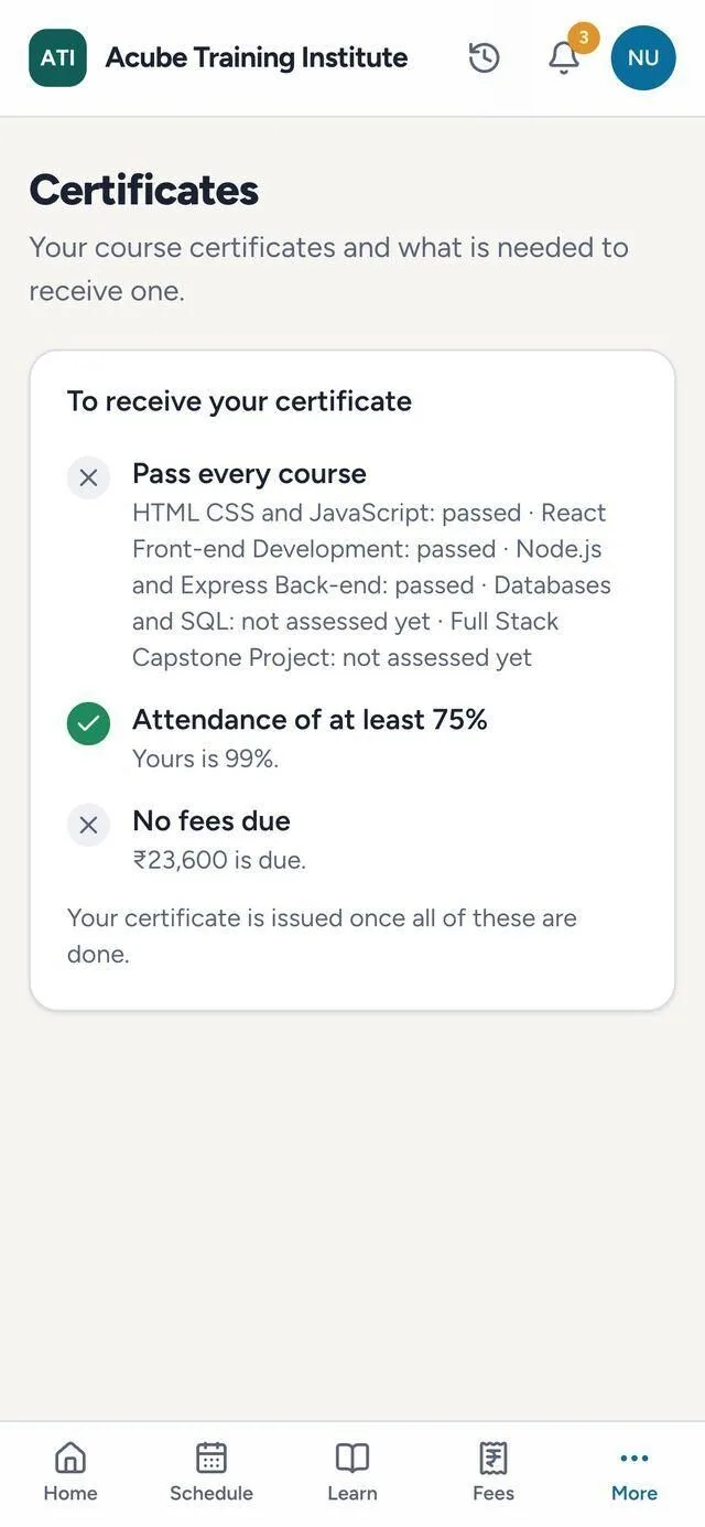 A student's certificate checklist showing what is done and what is left